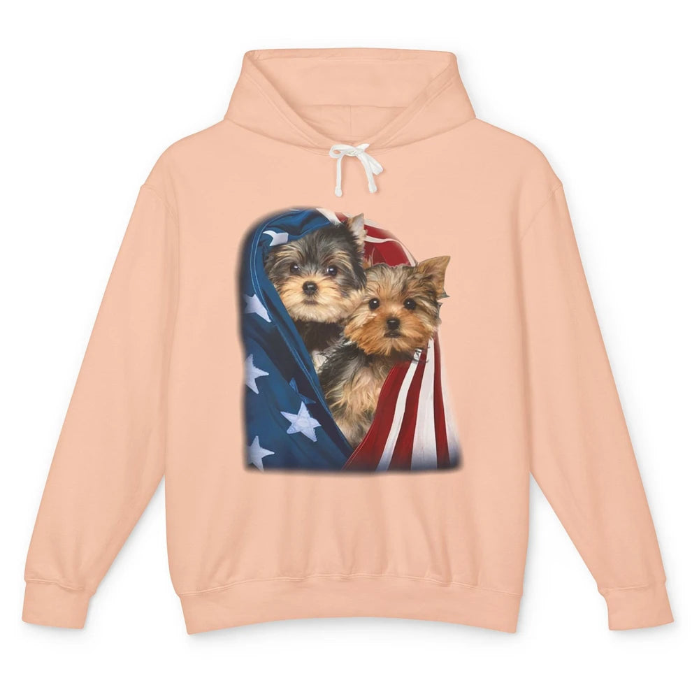 Yorkshire Terrier US Flag July 4th Patriotic Yorkie Puppies Unisex Lightweight Hoodie