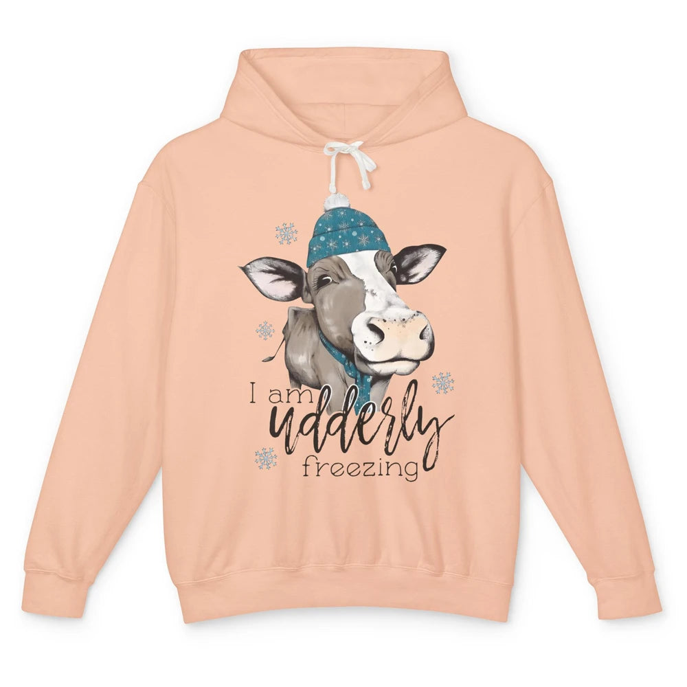 Funny Cow I'm Udderly Freezing Farmer Merry Christmas Winter Unisex Lightweight Hoodie