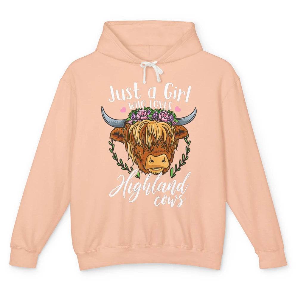 Vintage Just Girl Loves Highland Cow Floral Western Animal Unisex Lightweight Hoodie