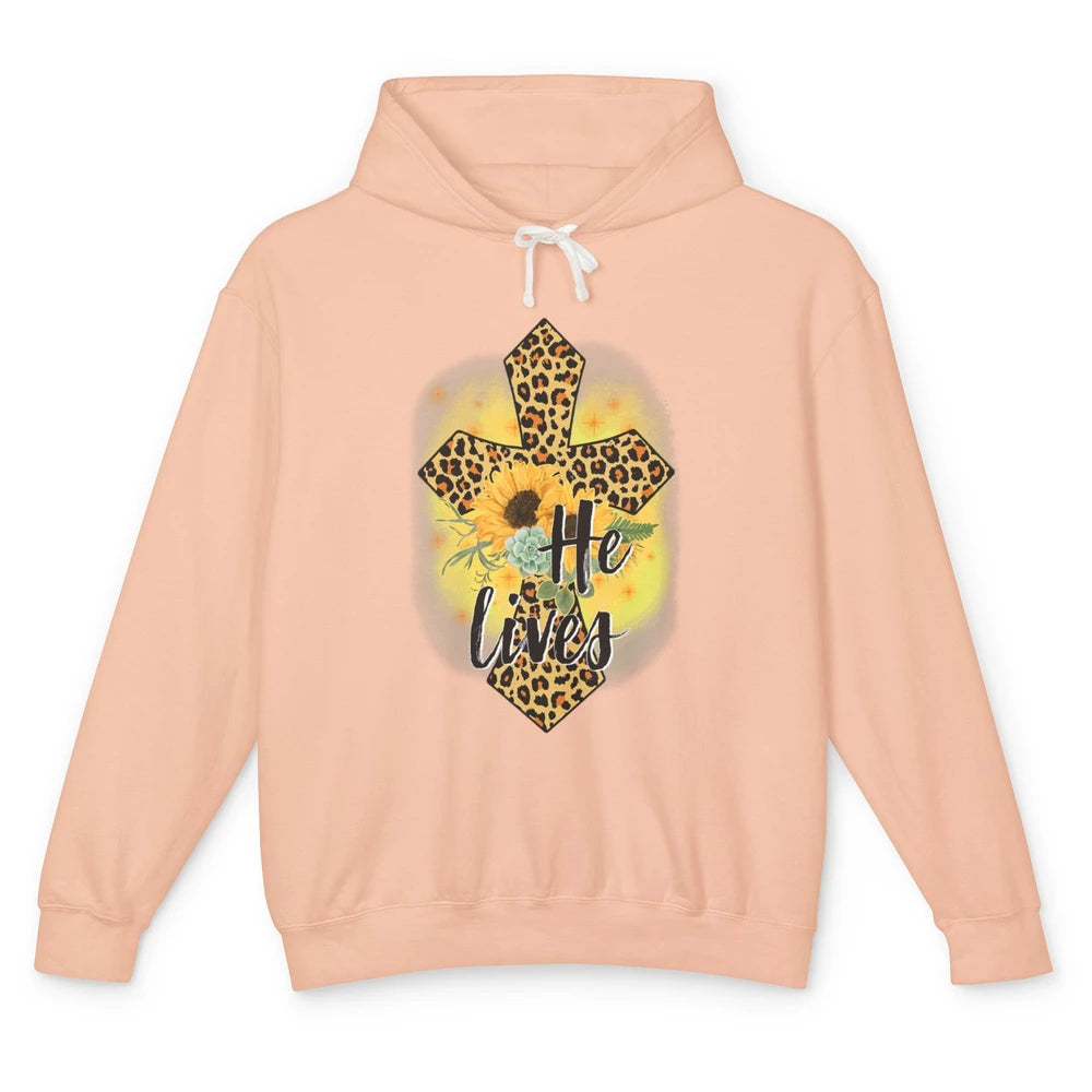 He Lives Sunflowers Faith Cross Christian Bible Religious Unisex Lightweight Hoodie