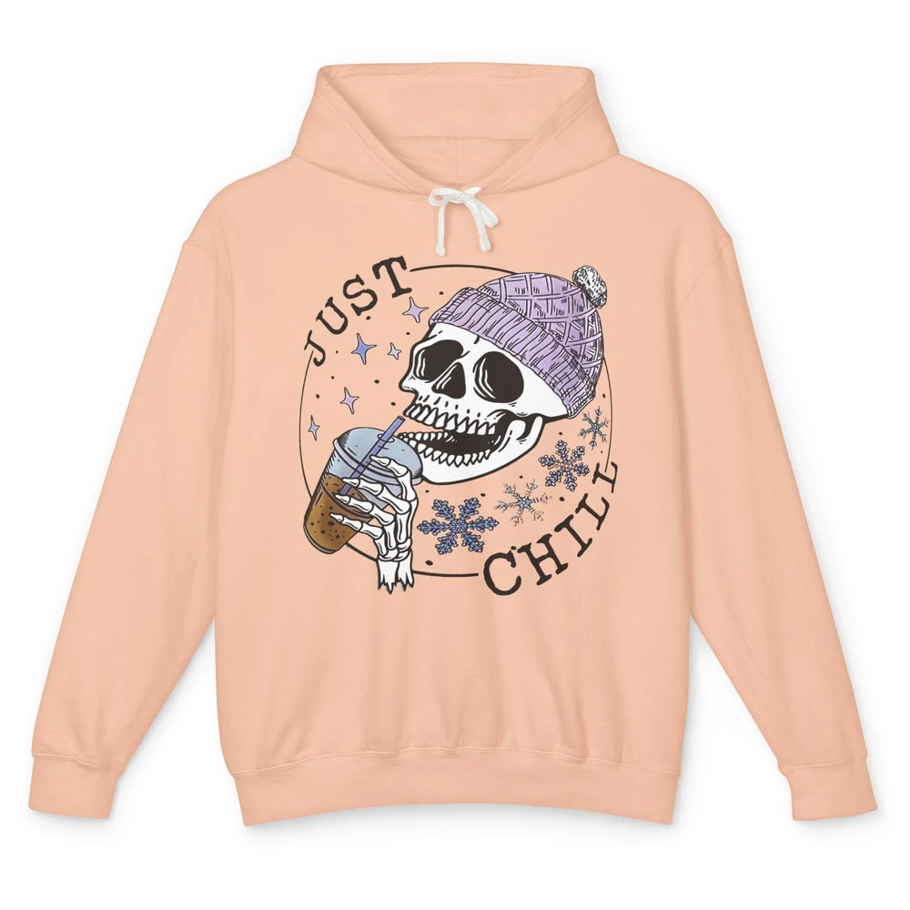 Funny Skeleton Coffee Just Relax Snowflakes Christmas Unisex Lightweight Hoodie