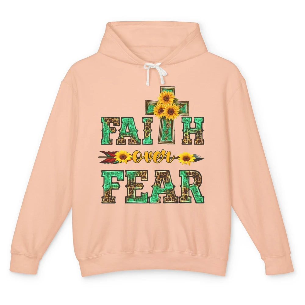 Leopard Sunflower Cross Faith Over Fear Christian Religious Unisex Lightweight Hoodie