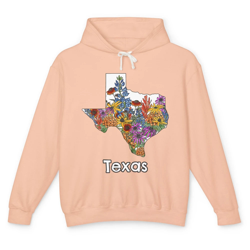 Texas Map Pride Wildflower Western Country Bluebonnet Flower Unisex Lightweight Hoodie