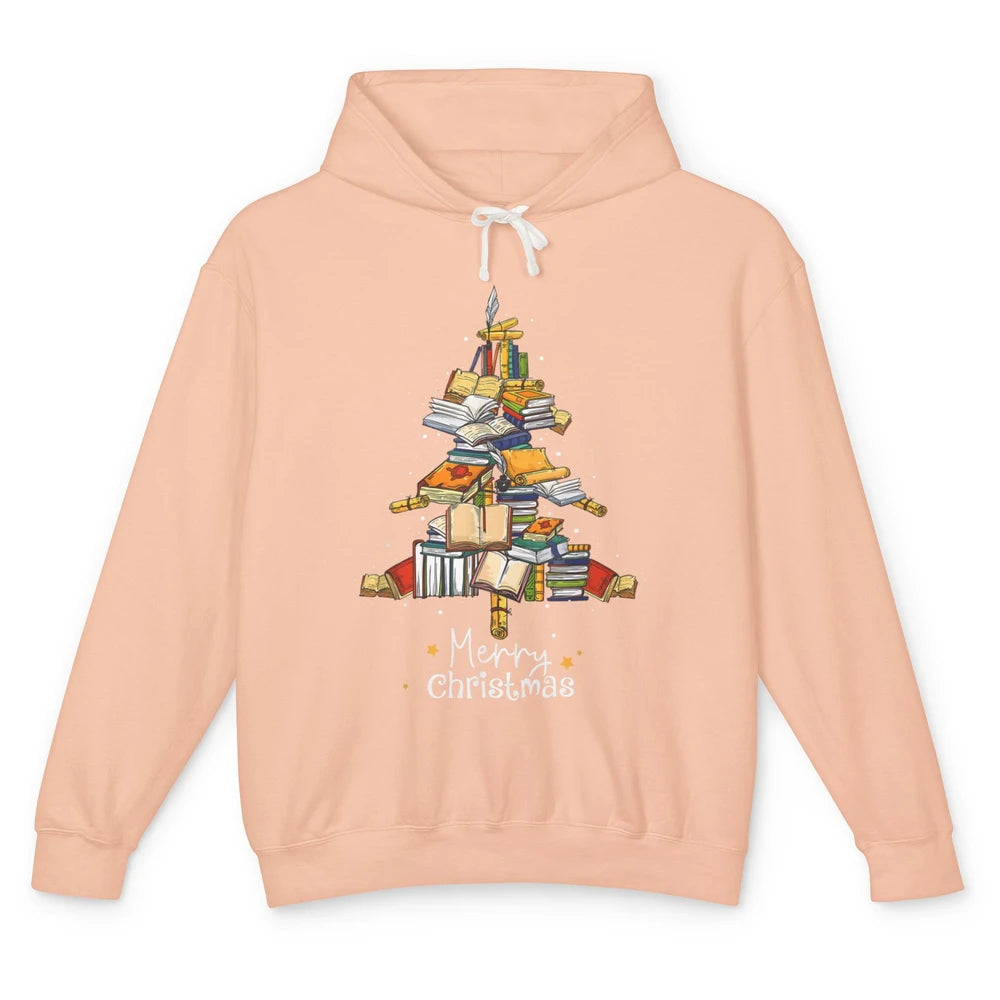 Merry Christmas Tree Reading Books Librarian Xmas Lighting Unisex Lightweight Hoodie