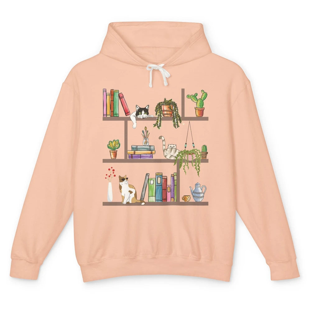 Funny Cats Lying On Floral Bookshelf Book Kitten Minimalist Unisex Lightweight Hoodie