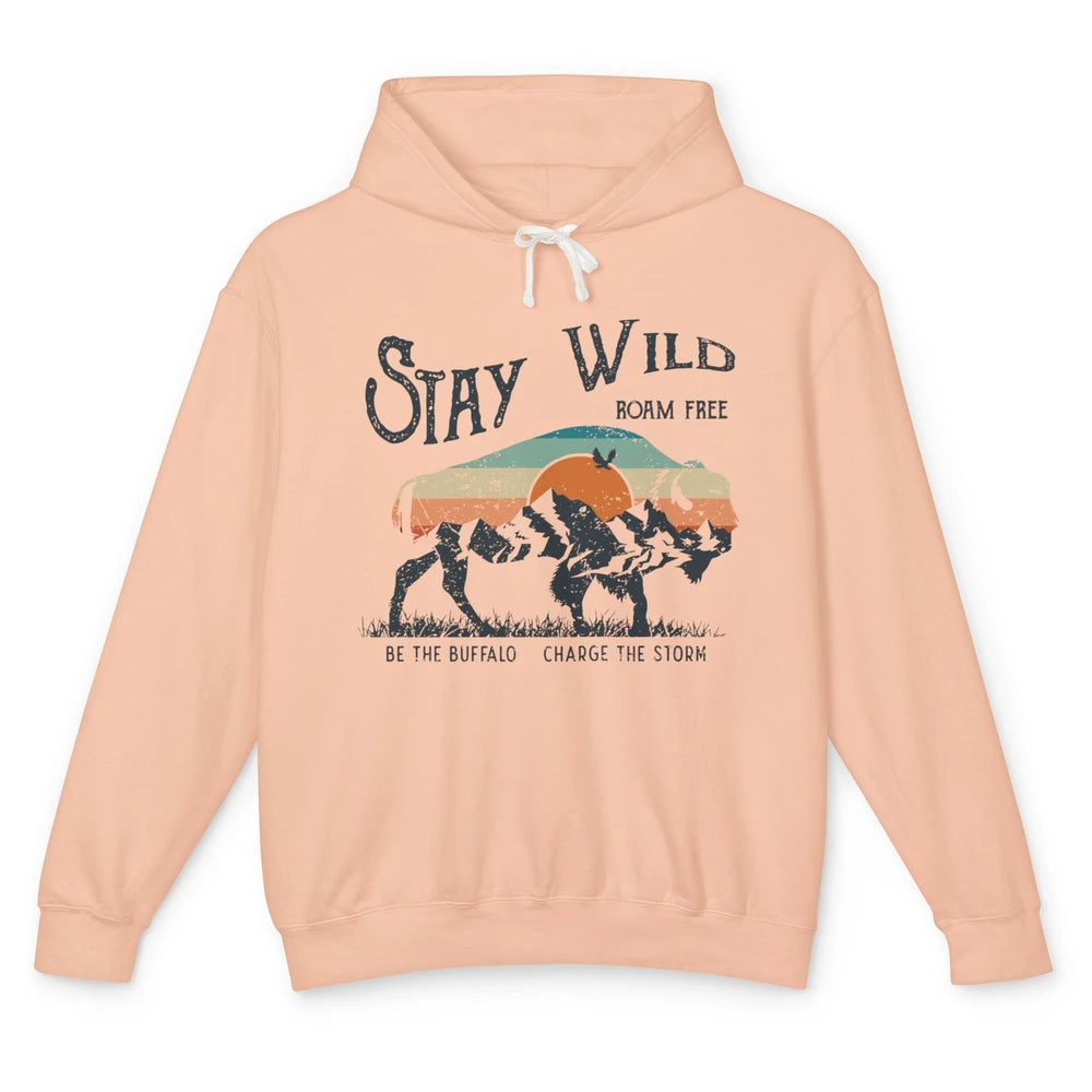 Retro Buffalo Mountain Sunset Stay Wild Roam Free Western Unisex Lightweight Hoodie