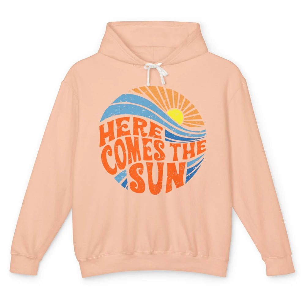 Retro Rainbow Sunrise Here Comes The Sun Hippie Girl Unisex Lightweight Hoodie