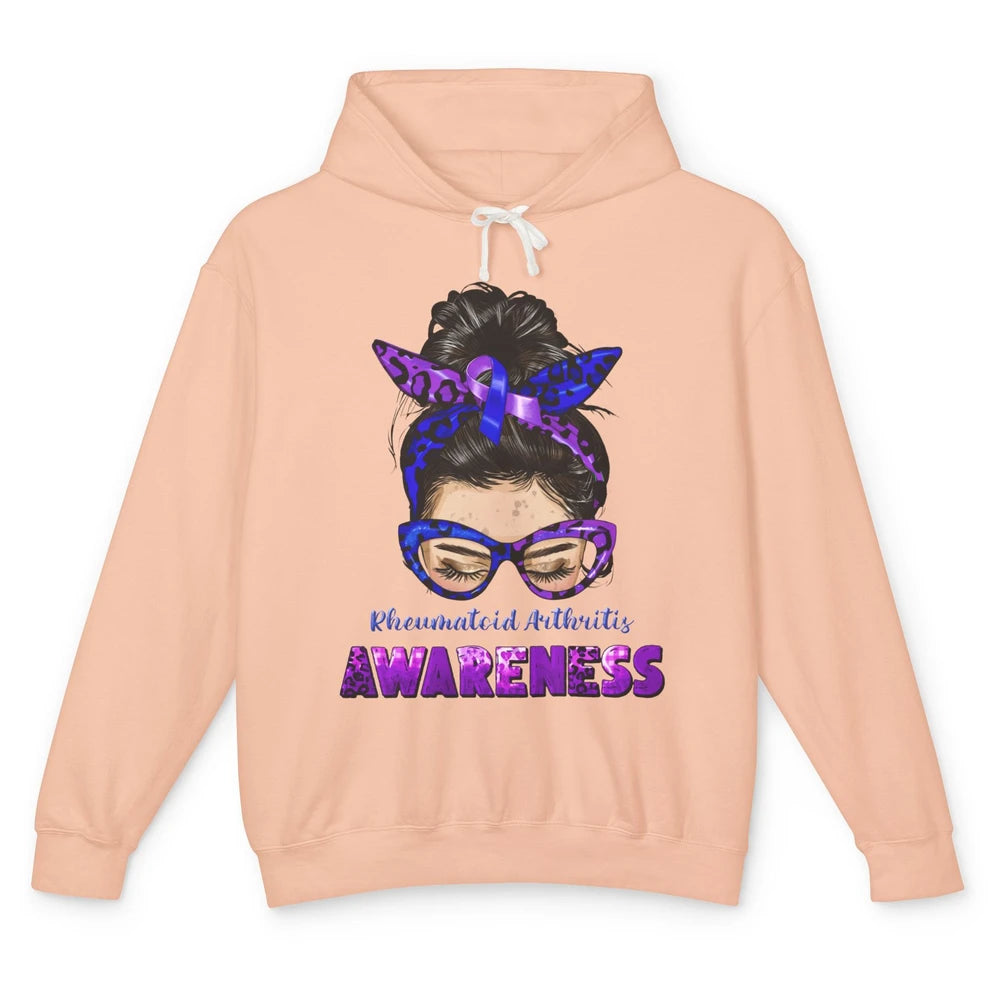 Rheumatoid Arthritis Messy Bun Mom Blue Purple Ribbon Unisex Lightweight Hoodie