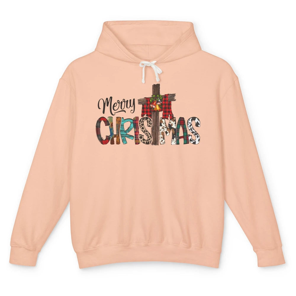 Leopard Jesus Cross Merry Christmas Christian Western Xmas Unisex Lightweight Hoodie