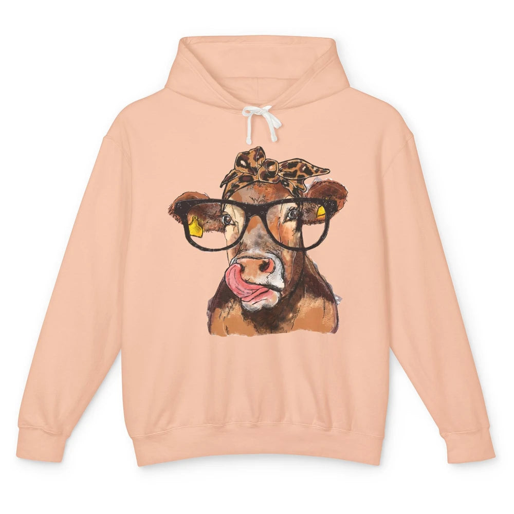 Leopard Bandana Glasses Heifer Lick Funny Cow Cattle Farmers Unisex Lightweight Hoodie