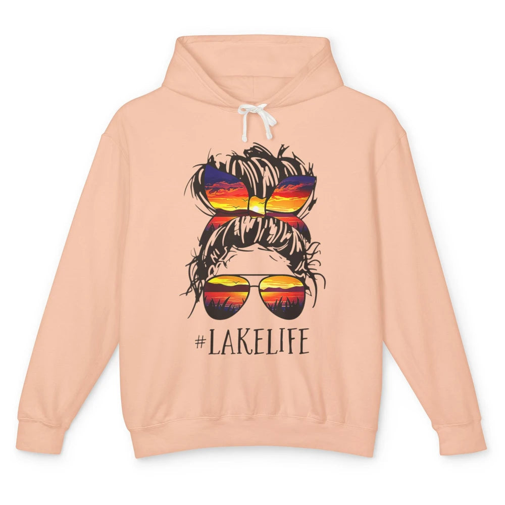 Lake Life Messy Hair Bun Woman Sunset Summer Retro Fishing Unisex Lightweight Hoodie