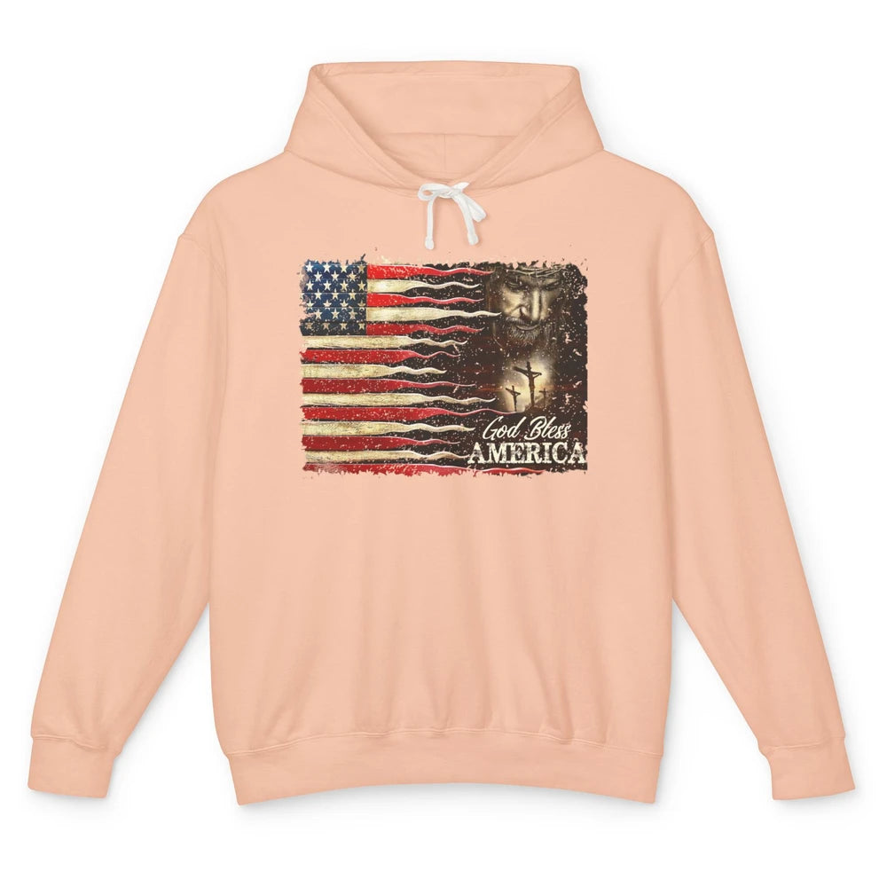 Retro US Flag Jesus Cross God Bless America Patriot July 4th Unisex Lightweight Hoodie