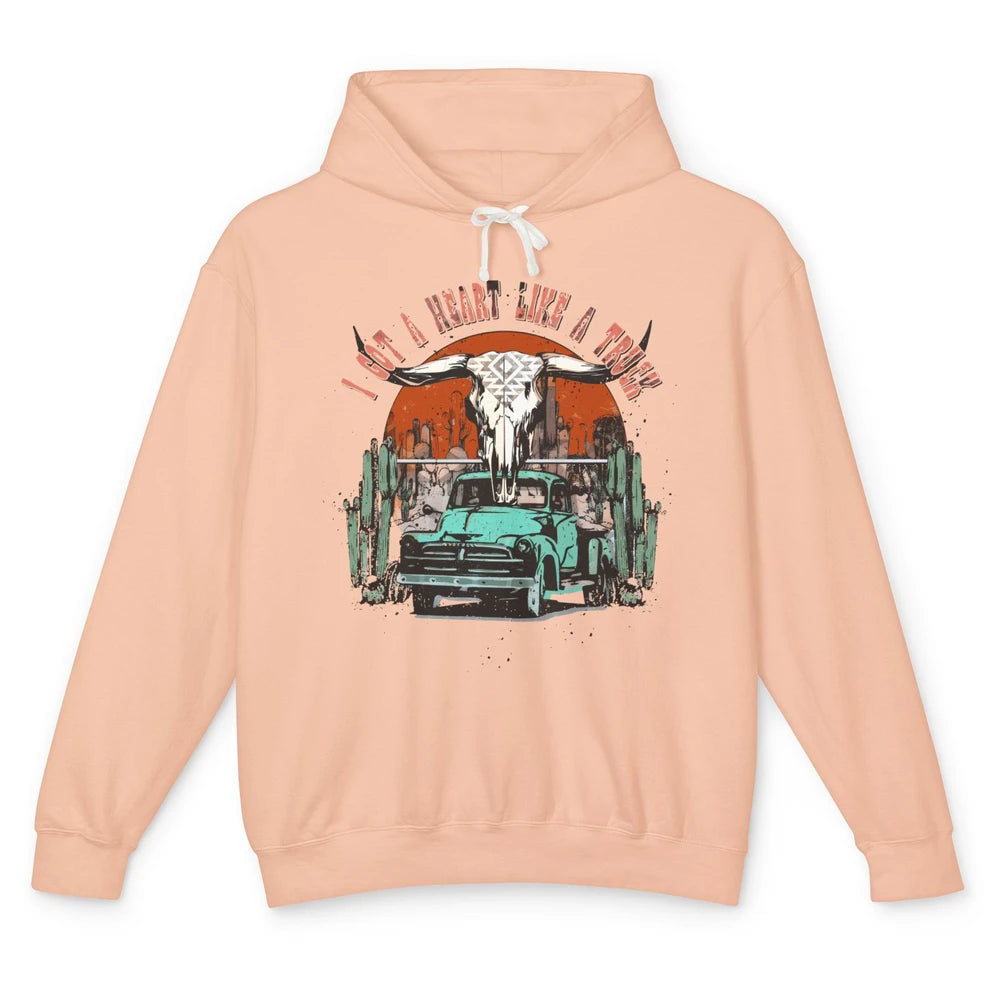 Desert Bull Skull Got A Heart Like A Truck Western Valentine Unisex Lightweight Hoodie