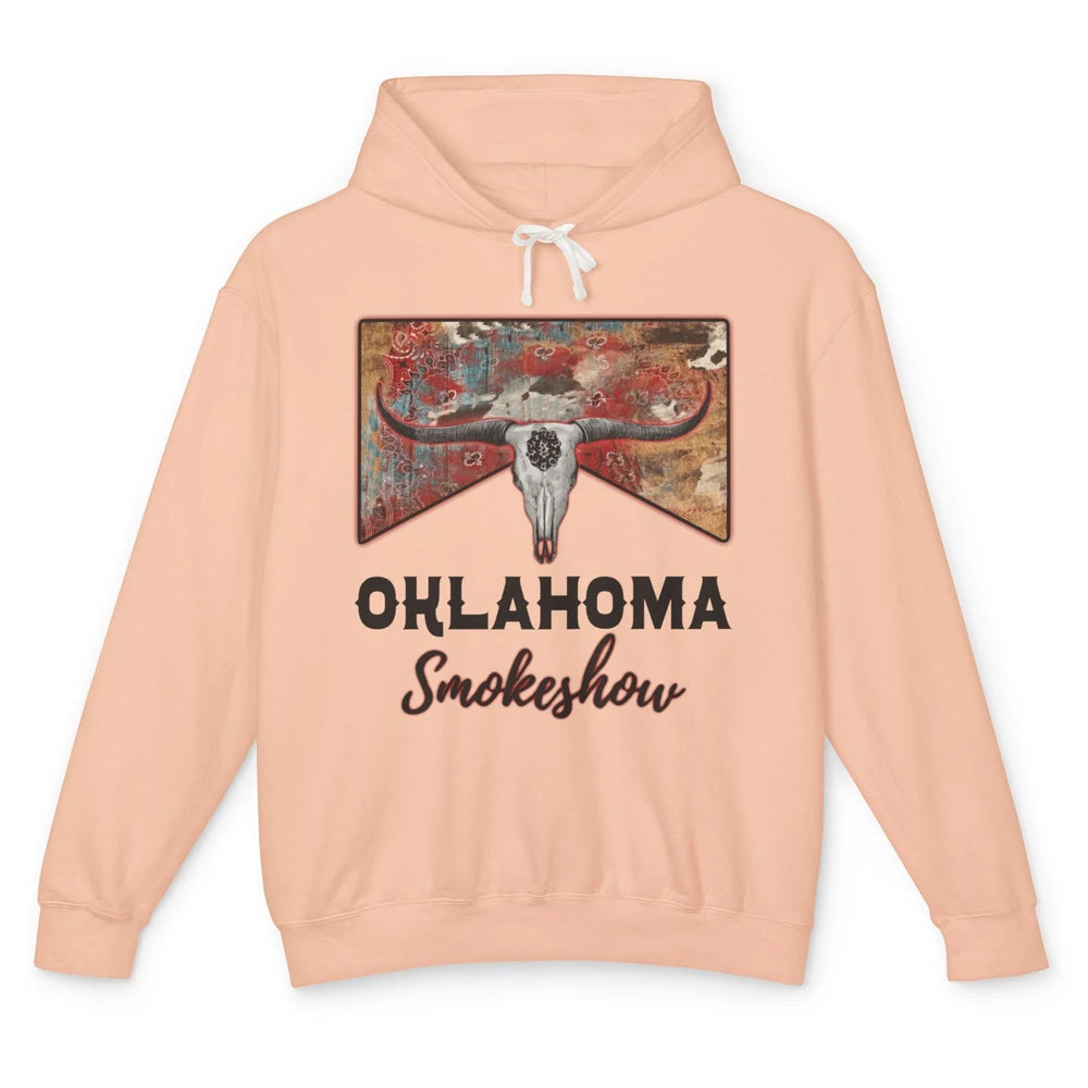 Boho Bull Skull Cow Print Oklahoma Smokeshow Western Country Unisex Lightweight Hoodie