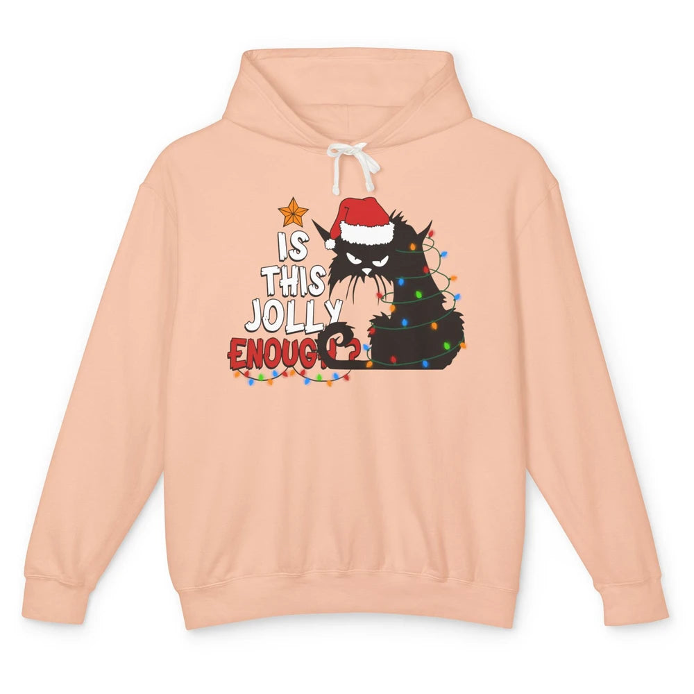 Funny Black Cat Christmas Light Santa This Jolly Enough Gift Unisex Lightweight Hoodie