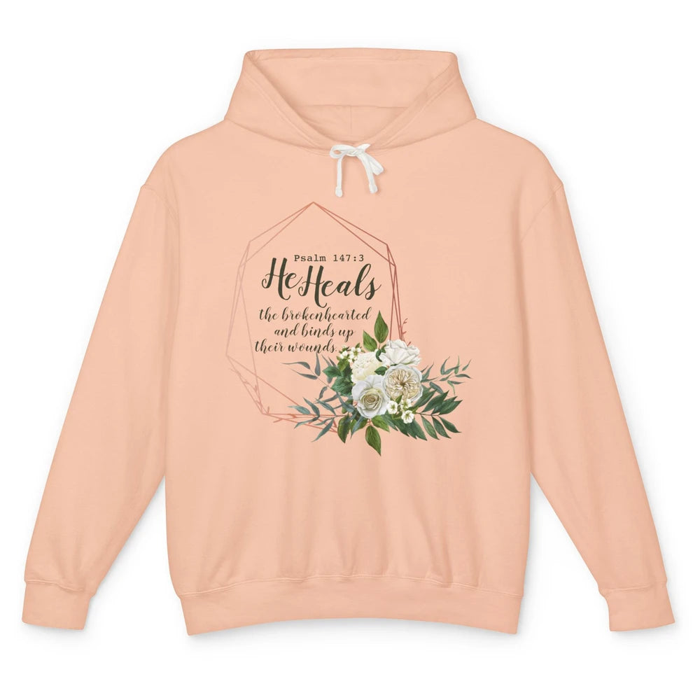 God Heal Brokenhearted Bible Verse Floral Christian Religion Unisex Lightweight Hoodie