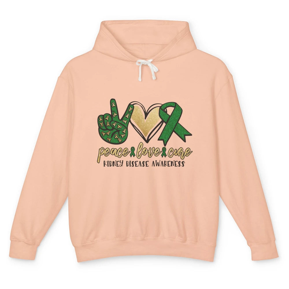 Peace Love Cure Kidney Disease Awareness Green Ribbon Heart Unisex Lightweight Hoodie