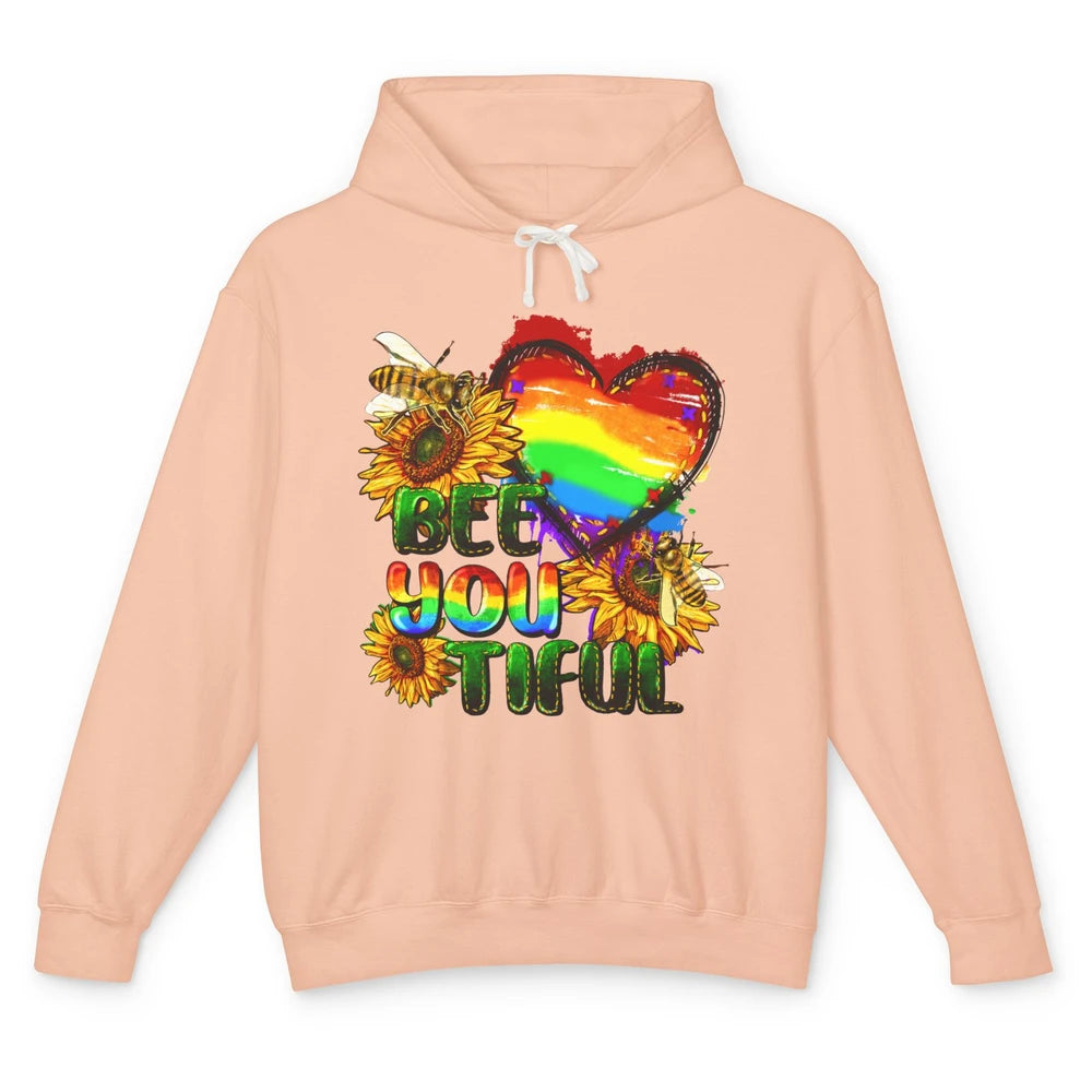 Bee You Tiful Pride Heart Rainbow Sunflower LGBT Pride Month Unisex Lightweight Hoodie