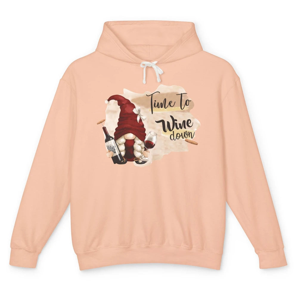 Christmas Gnome Wine It's Time to Wine Down Winter Holiday Unisex Lightweight Hoodie