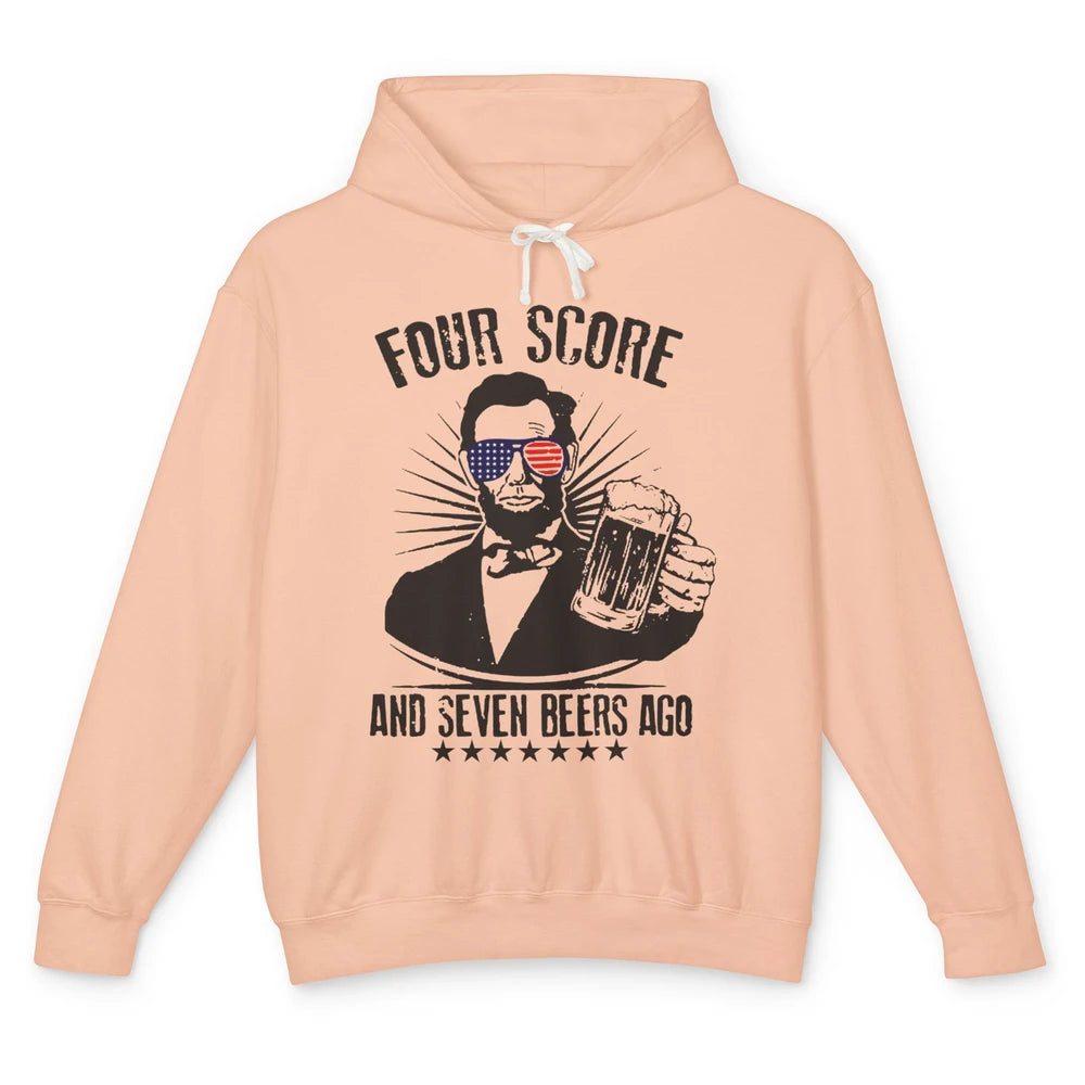 Funny US Flag Abraham Lincoln 4 Score 7 Beers Ago 4th July Unisex Lightweight Hoodie