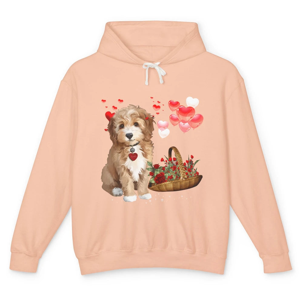 Valentine Goldendoodle Dog Valentine's Day Red Heart Couple Unisex Lightweight Hoodie