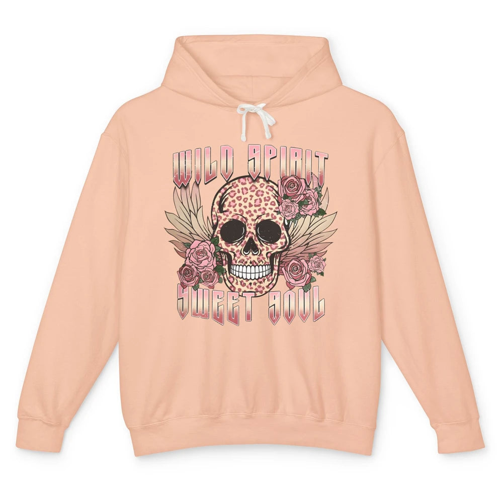 Wild Spirit Sweet Soul Skull Leopard Flowers Western Boho Unisex Lightweight Hoodie