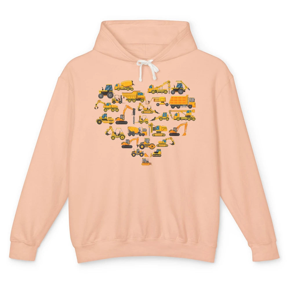 Types Of Construction Excavator Bulldozer Truck Heart Love Unisex Lightweight Hoodie