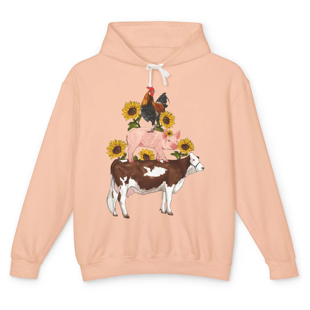 Sunflower Western Farm Life Animals Vegan Cow Pig Rooster Unisex Lightweight Hoodie