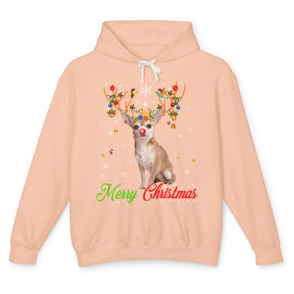 Merry Christmas Chihuahua Dog Santa Hat Xmas Reindeer Lights Unisex Lightweight Hoodie