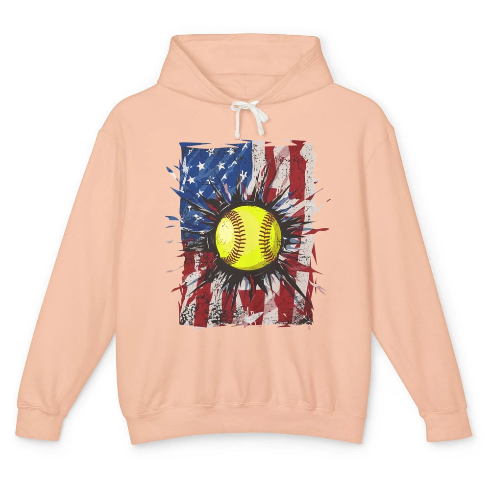 Retro US Flag Softball July 4th Baseball Players Patriotic Unisex Lightweight Hoodie