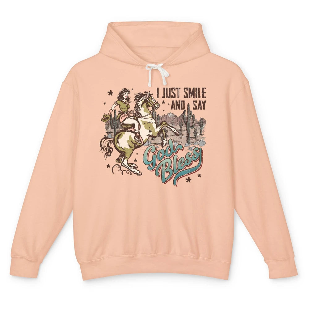 Retro Cowgirl Horsing I Just Smile And Say God Bless Western Unisex Lightweight Hoodie