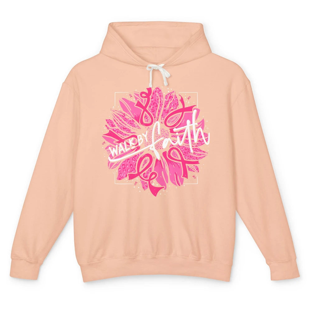 Walk By Faith Breast Cancer Awareness Pink Ribbon Sunflower Unisex Lightweight Hoodie