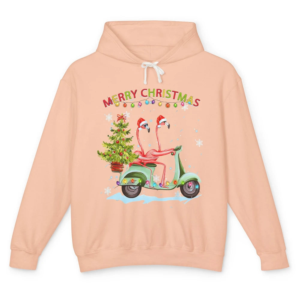 Merry Christmas Flamingos Santa Hat Xmas Lights Motorbike Unisex Lightweight Hoodie