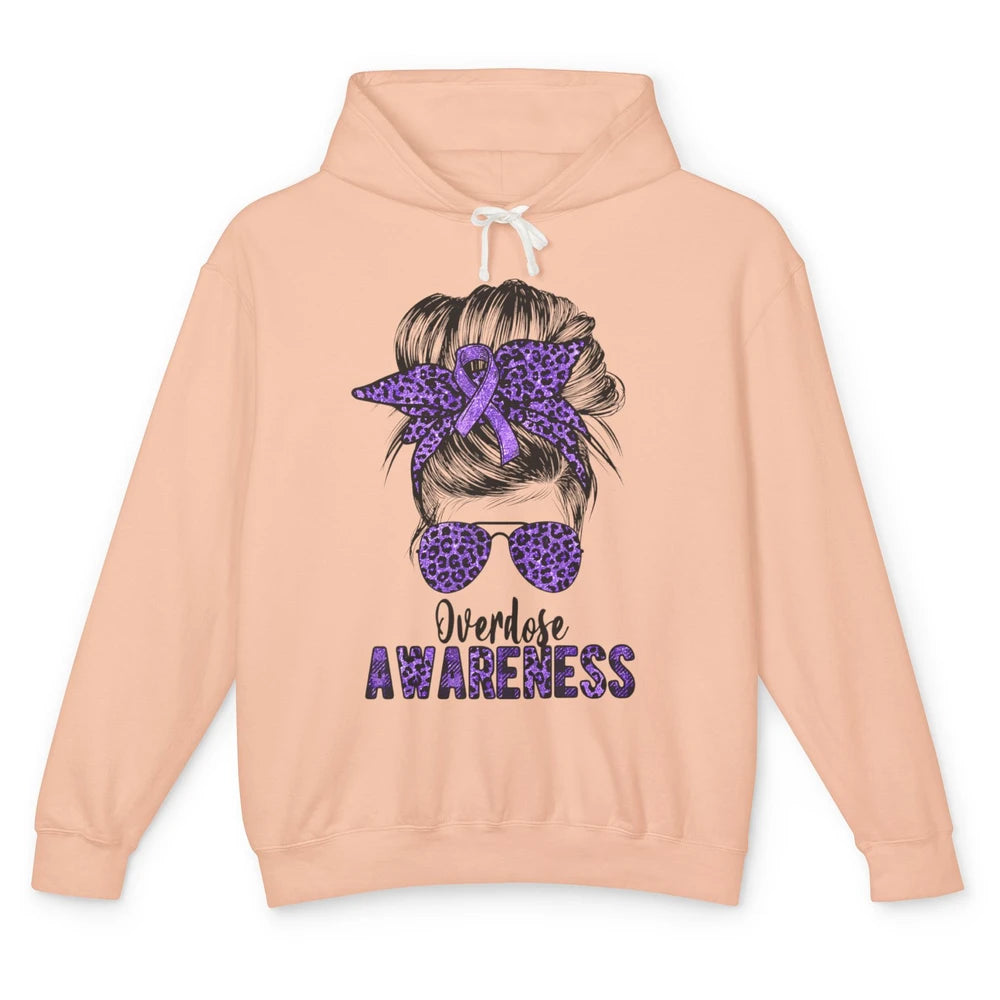 Overdose Awareness Messy Hair Bun Purple Leopard Warrior Unisex Lightweight Hoodie