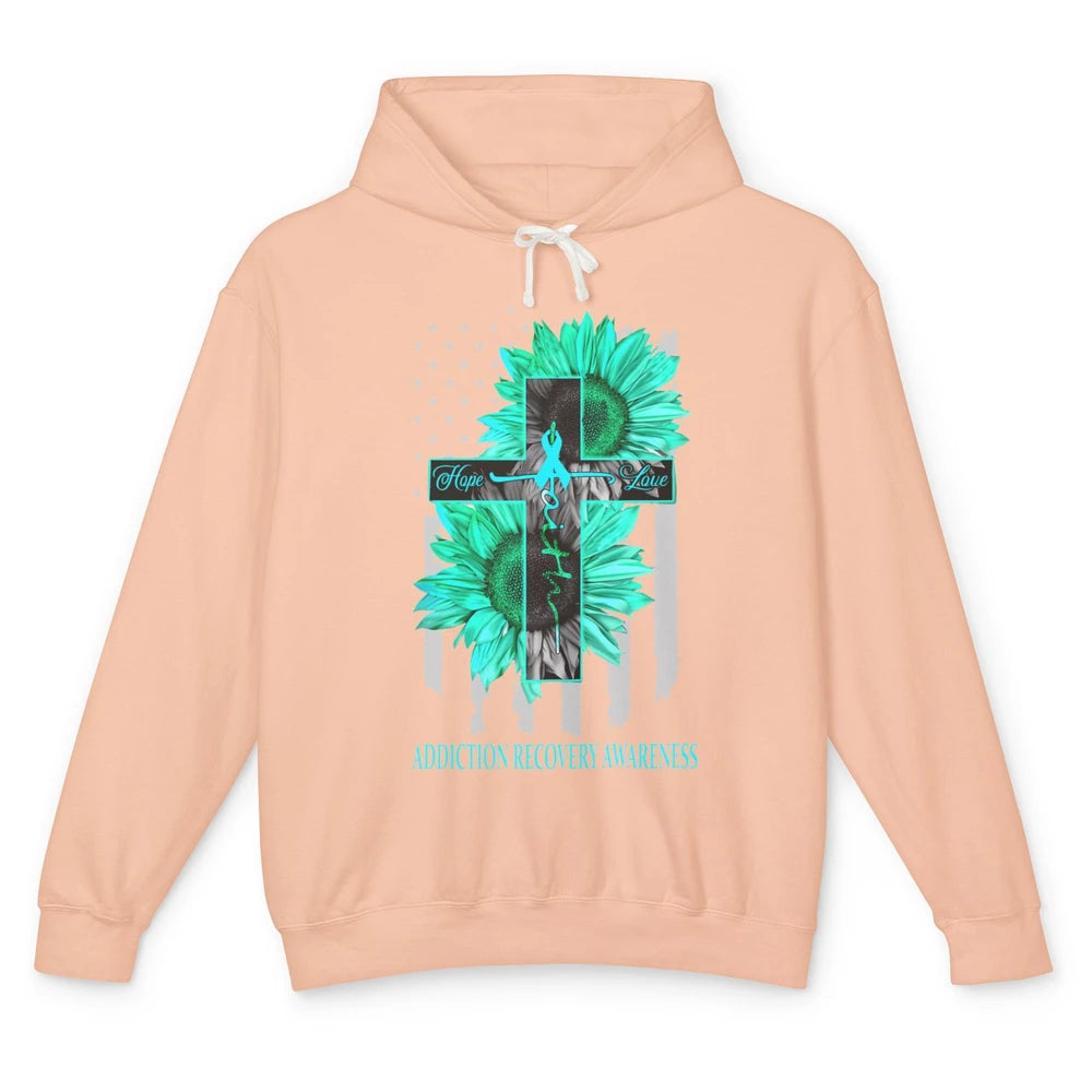 Addiction Recovery Faith Hope Love Teal US Flag Jesus Cross Unisex Lightweight Hoodie