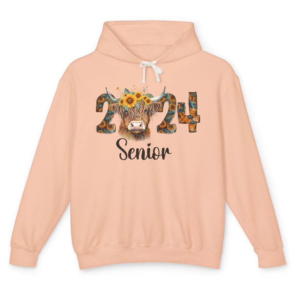 Sunflower Highland Cow Senior 2024 Graduate Bachelor Western Unisex Lightweight Hoodie