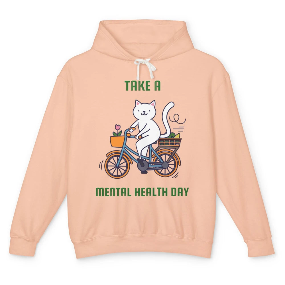 Take A Mental Health Day Cute Cat Bike Positive Therapist Unisex Lightweight Hoodie