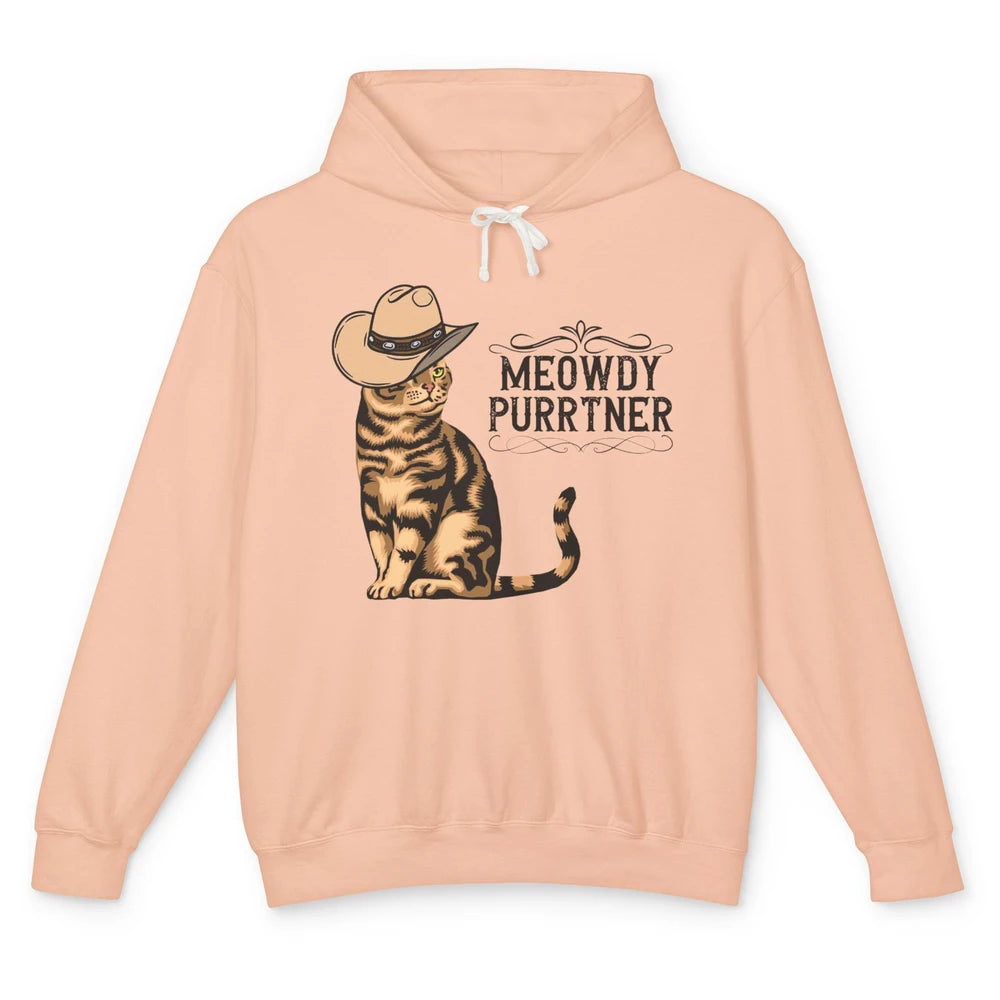 Funny Cat Cowboy Meowdy Purrtner Western Country Cat Mom Unisex Lightweight Hoodie