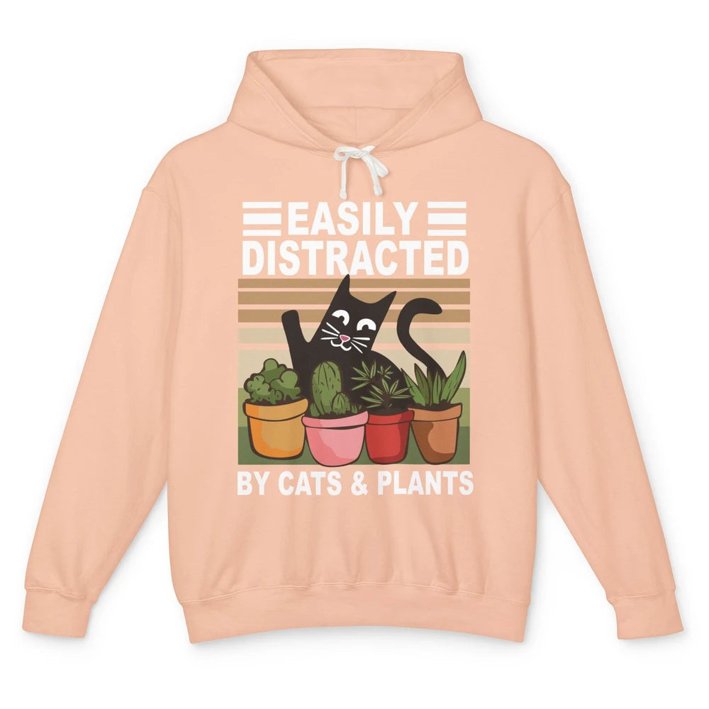 Easily Distracted By Cats And Plants Vintage Gardening Gift Unisex Lightweight Hoodie