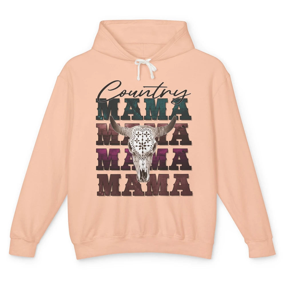 Country Mama Rodeo Bull Skull Western Texas Long Horn Cowboy Unisex Lightweight Hoodie