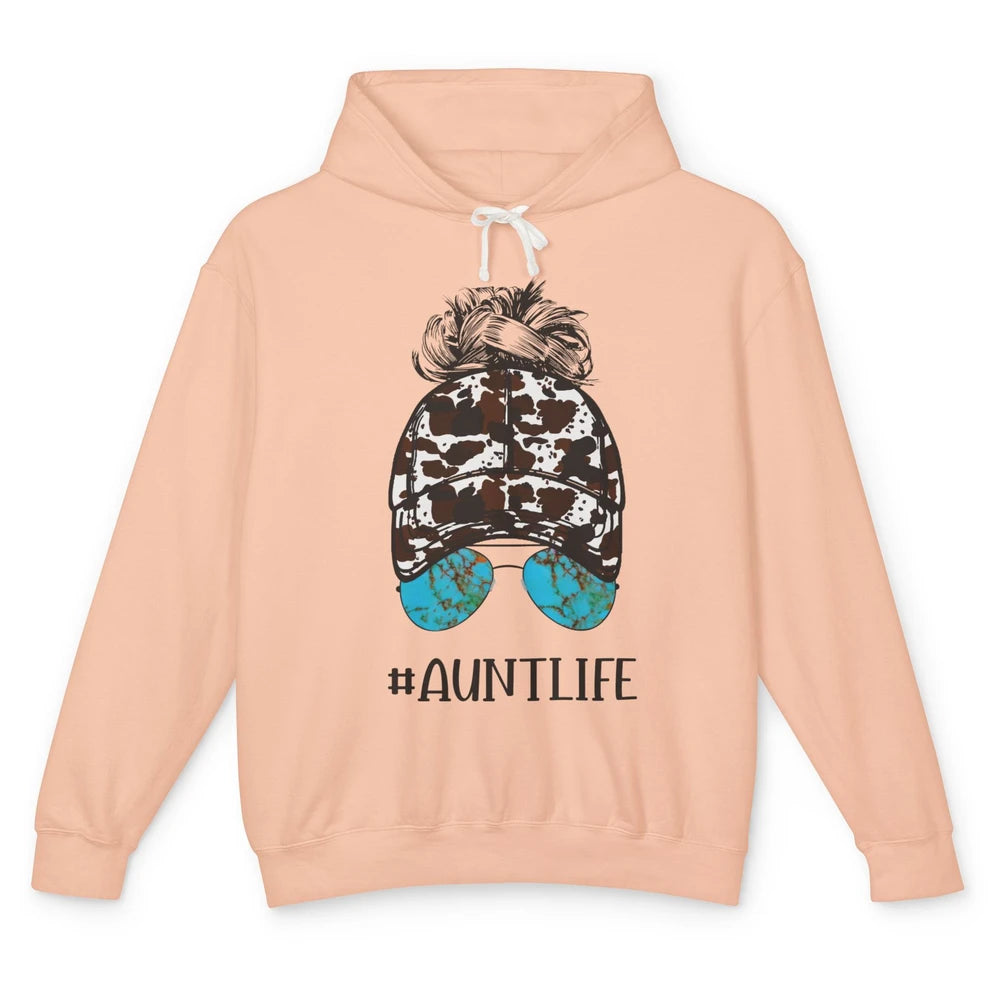 Aunt Life Messy Bun Glasses Cowhide Western Auntie Life Unisex Lightweight Hoodie