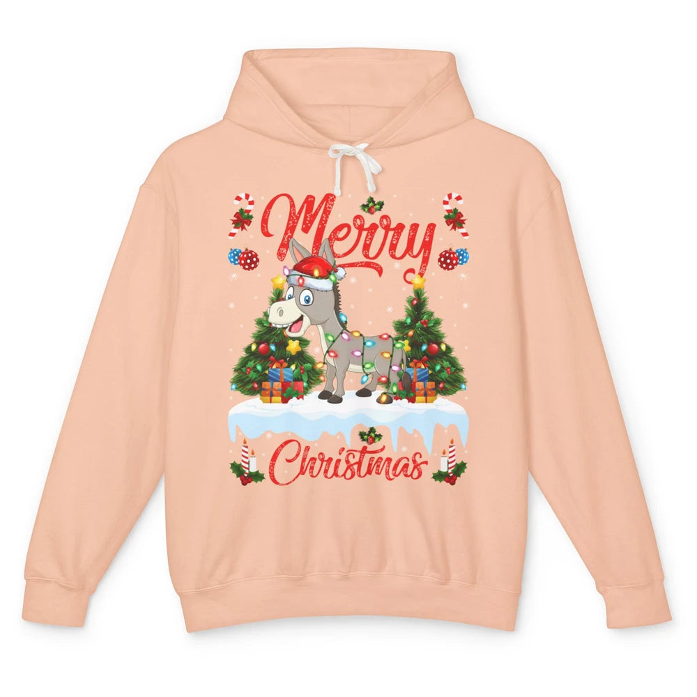 Merry Christmas Donkey Santa Claus Hat Xmas Tree Lights Snow Unisex Lightweight Hoodie