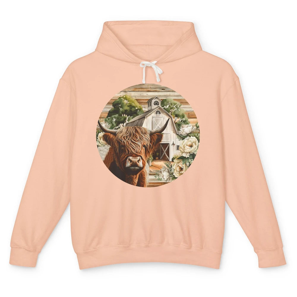 Retro Farm Highland Cow Barn House Western Country Farmer Unisex Lightweight Hoodie