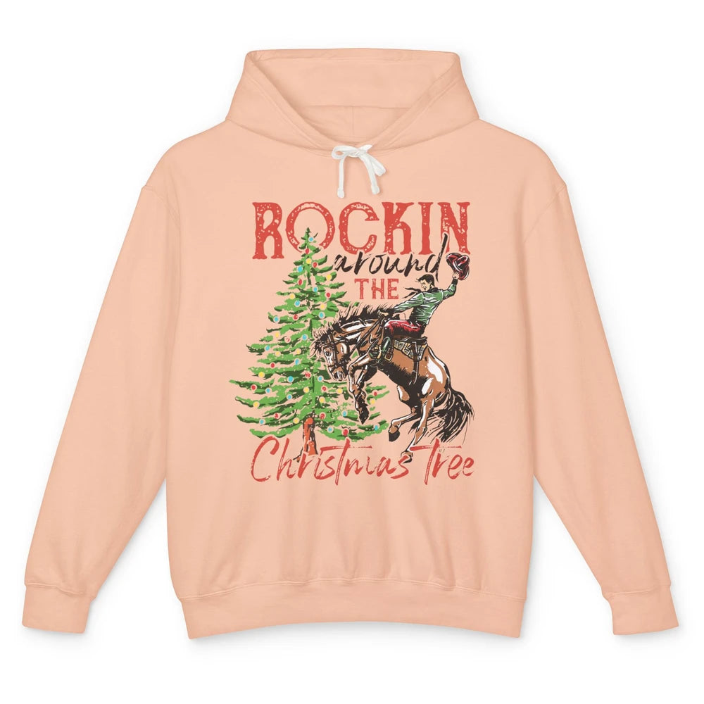 Funny Cowboy Horsing Rocking Around Christmas Tree Western Unisex Lightweight Hoodie