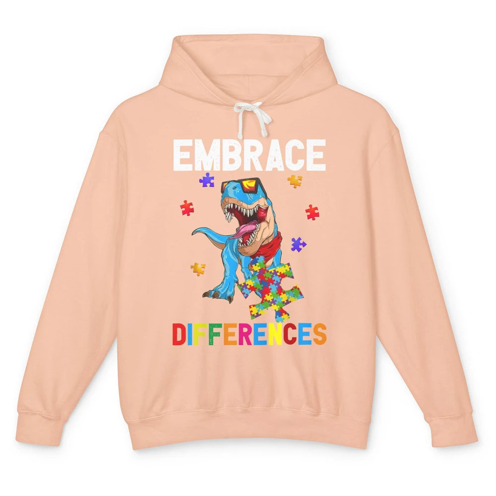 Autism Awareness Dinosaur Puzzle Piece Embrace Differences Unisex Lightweight Hoodie