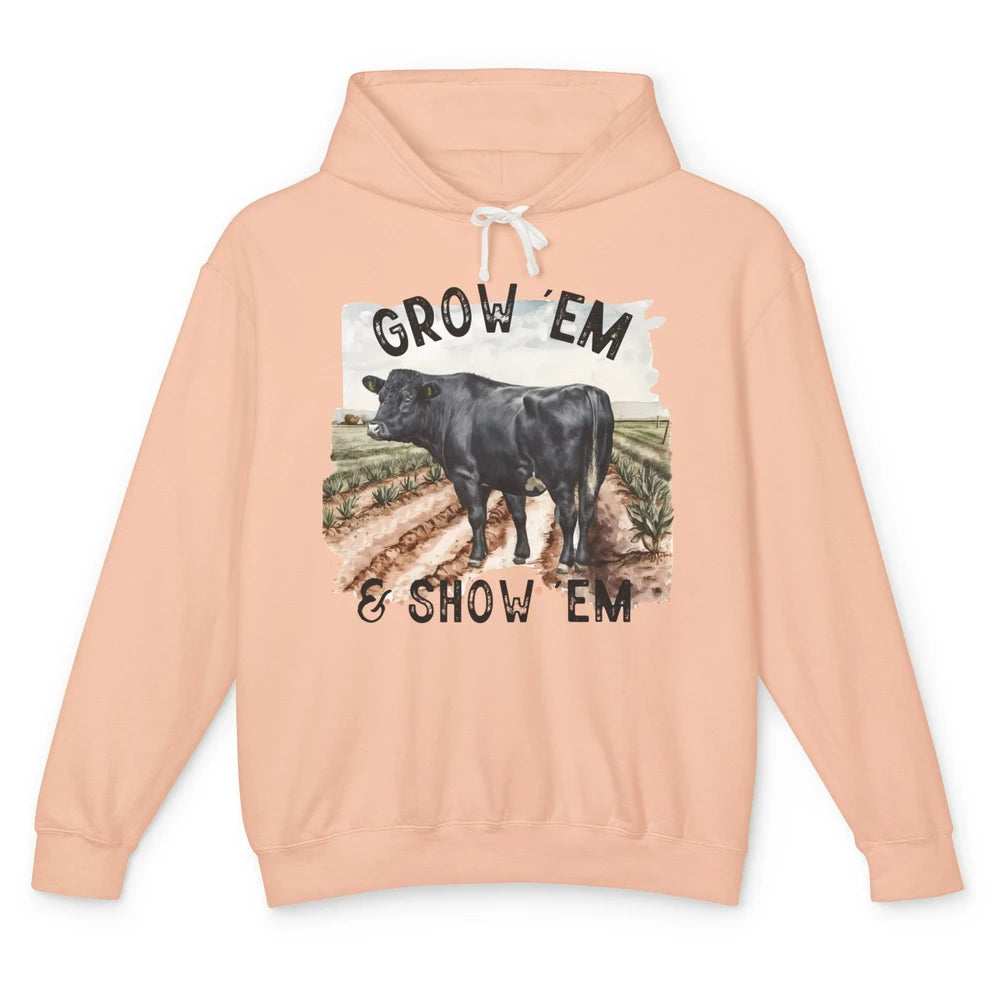 Black Cow On The Farm Grow Em Show Em Western Farm Life Unisex Lightweight Hoodie