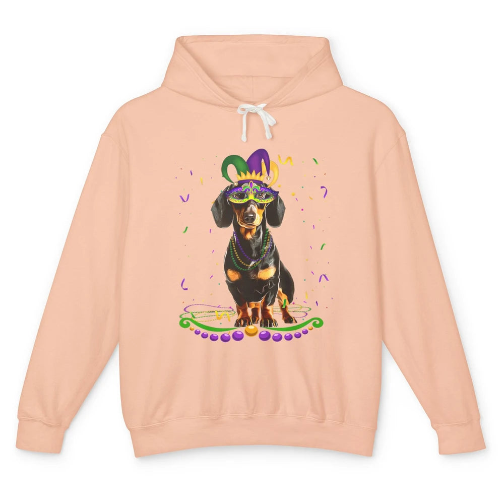 Mardi Gras Dachshund Wearing Carnival Mask Festival Dog Mom Unisex Lightweight Hoodie