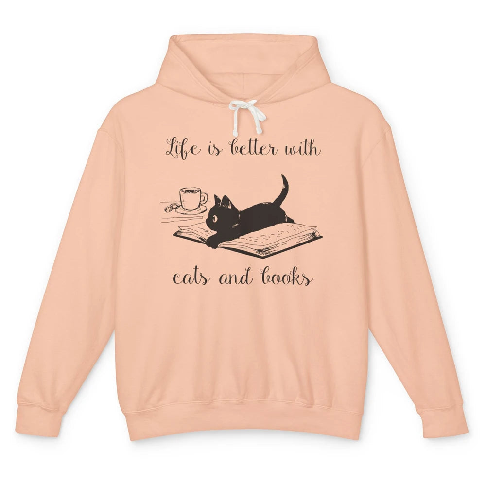 Retro Life Is Better With Cats And Books Reading Lovers Unisex Lightweight Hoodie