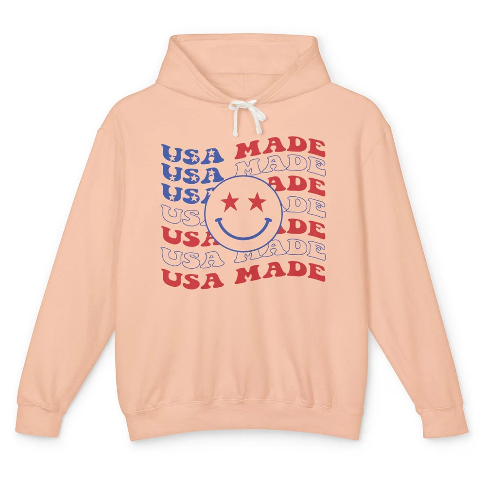 US Flag America Made Smiley Face July 4th American Patriots Unisex Lightweight Hoodie