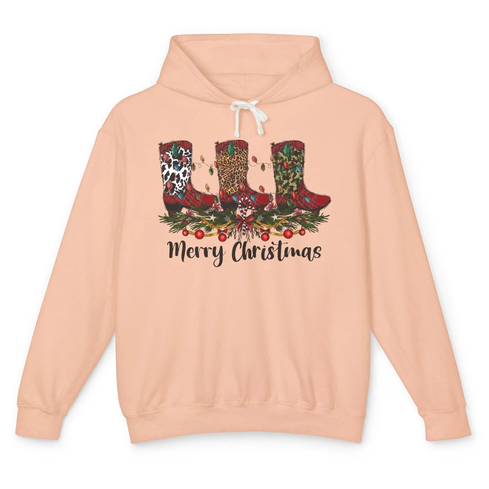 Christmas Cowboy Boots Santa Boots Leopard Western Christmas Unisex Lightweight Hoodie